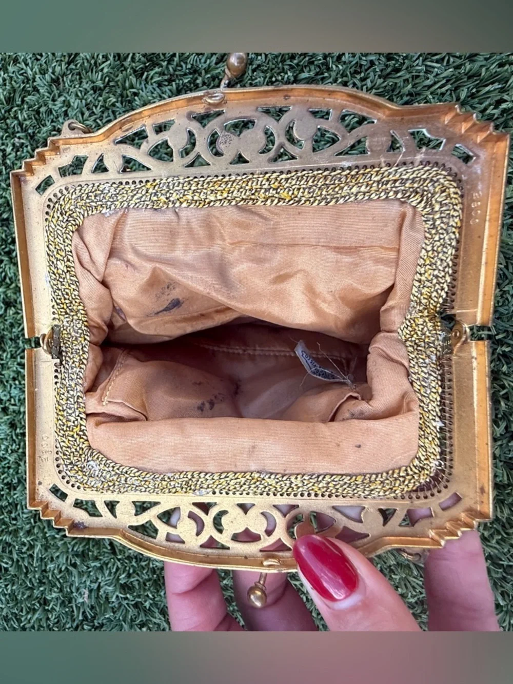 VTG 1940s Whiting Davis Gold Mesh Flapper Bag Purse Brass Pierced Frame USA NICE